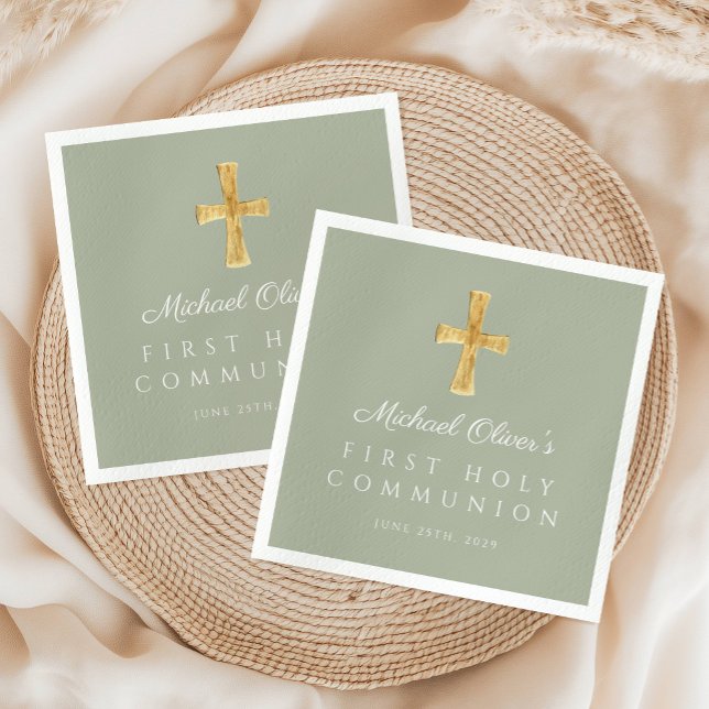 Elegant Sage Green Cross First Communion Napkin (Elegant Sage Green Cross First Communion Napkins)