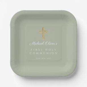 Elegant Sage Green Cross First Holy Communion Paper Plate