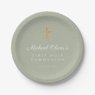 Elegant Sage Green Cross First Holy Communion Paper Plate
