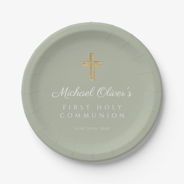 Elegant Sage Green Cross First Holy Communion Paper Plate (Front)