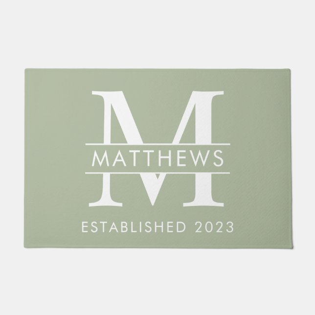 Elegant Sage Green Custom Monogram Name  Doormat (Front)