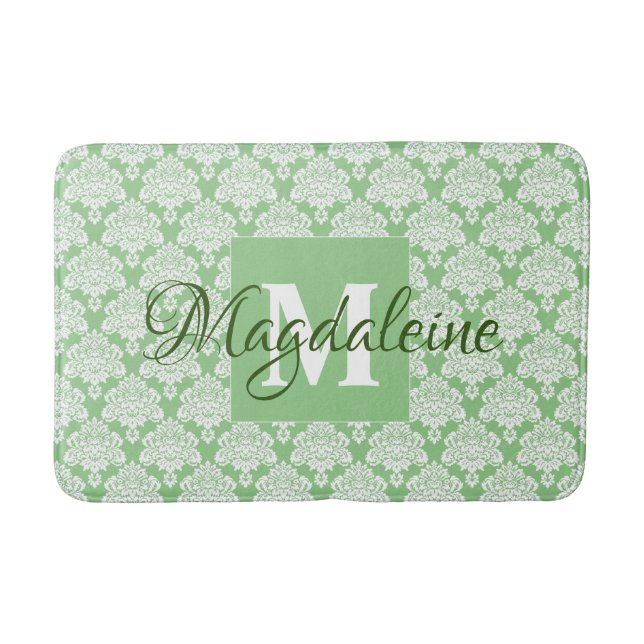 Elegant Sage Green Damask Lace Monogram & Name Bath Mat (Front)