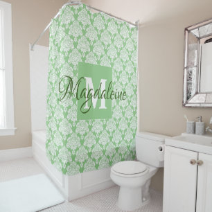 Elegant Sage Green Damask Monogram and Name Shower Curtain