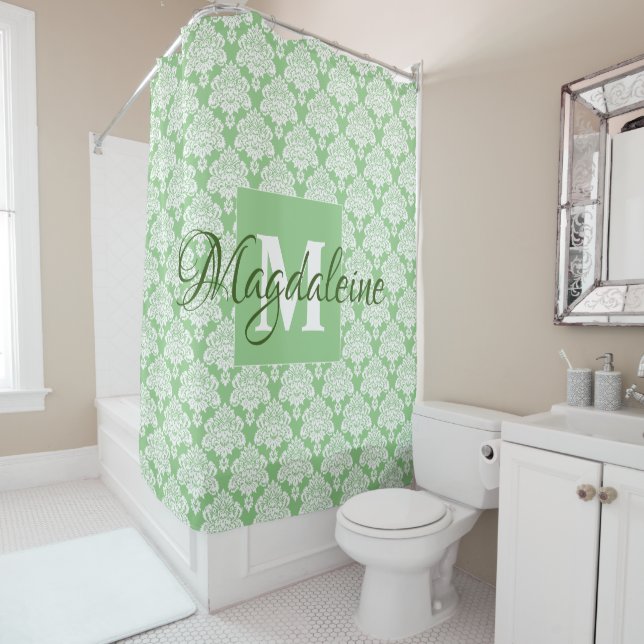 Elegant Sage Green Damask Monogram and Name Shower Curtain (In Situ)