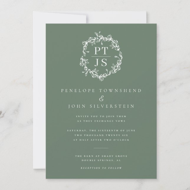 Elegant Sage Green Double Monogram Wedding Invitation (Front)