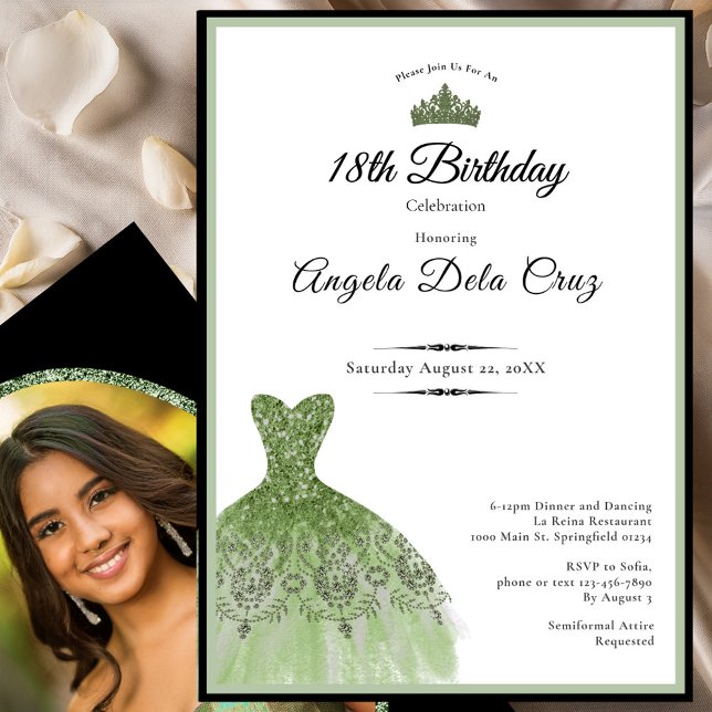 Elegant sage green dress 18th birthday debut invit invitation (Creator Uploaded)