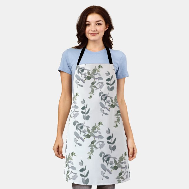 Elegant Sage Green Eucalyptus Leaves Pattern Apron (Worn)