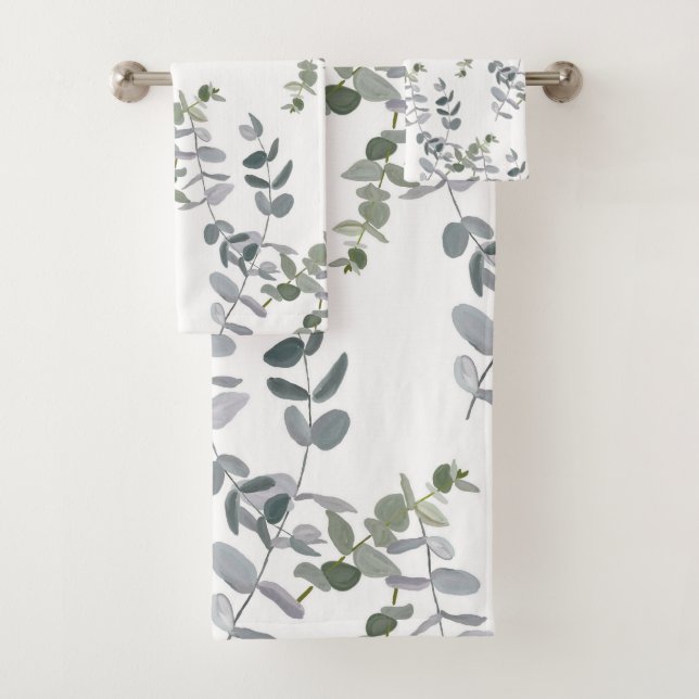 Elegant Sage Green Eucalyptus Leaves Pattern Bath Towel Set (Insitu)