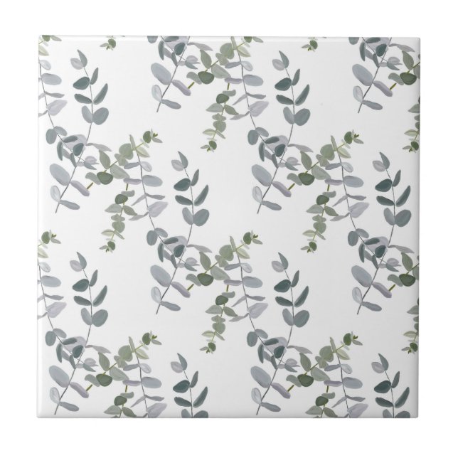 Elegant Sage Green Eucalyptus Leaves Pattern Ceramic Tile (Front)