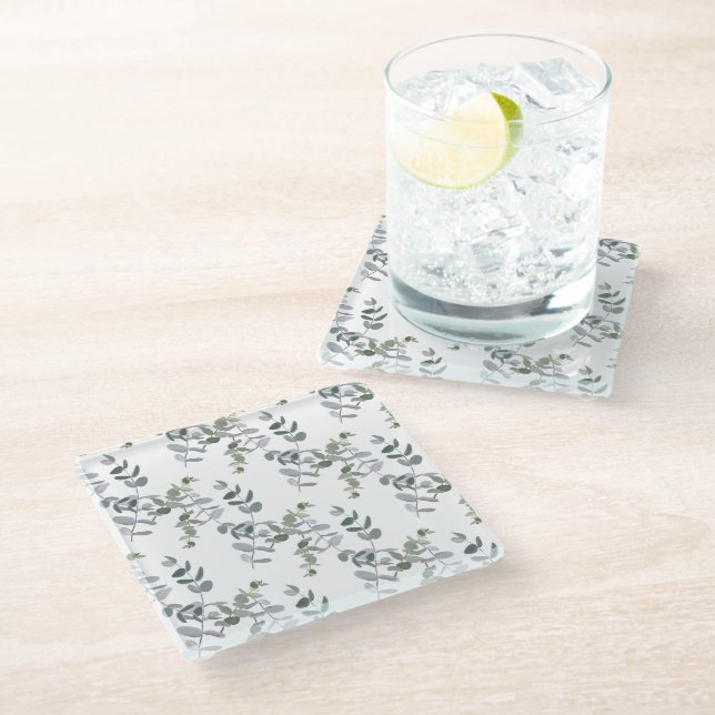 Elegant Sage Green Eucalyptus Leaves Pattern Glass Coaster (Angled)