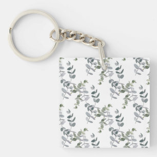 Elegant Sage Green Eucalyptus Leaves Pattern Key Ring