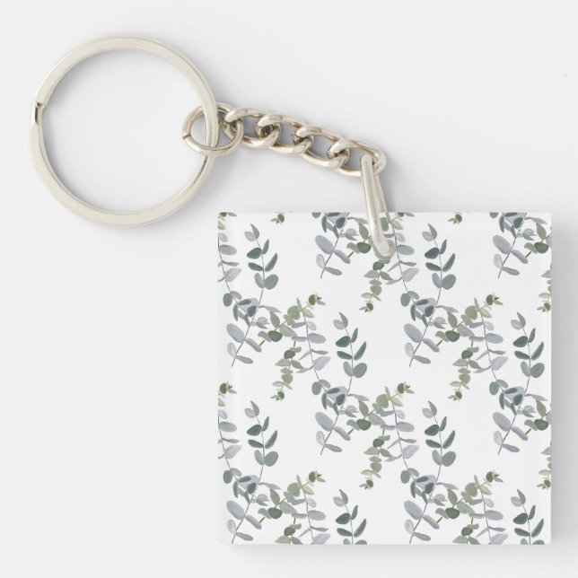 Elegant Sage Green Eucalyptus Leaves Pattern Key Ring (Front)