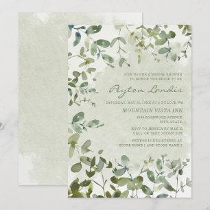 Elegant Sage Green Eucalyptus White Bridal Shower Invitation
