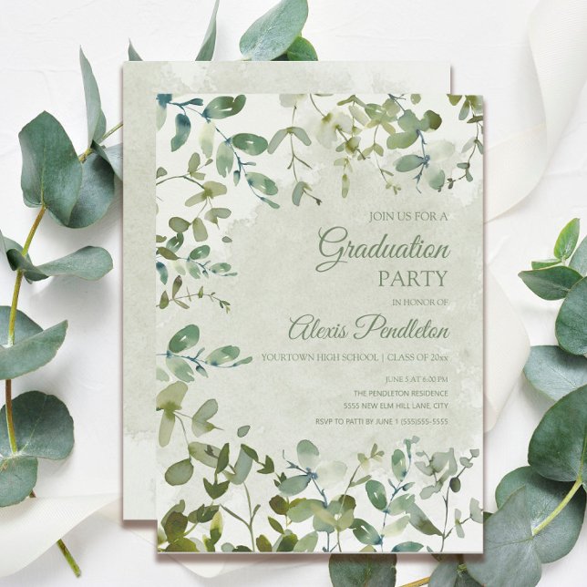 Elegant Sage Green Eucalyptus White Graduation Invitation (Creator Uploaded)