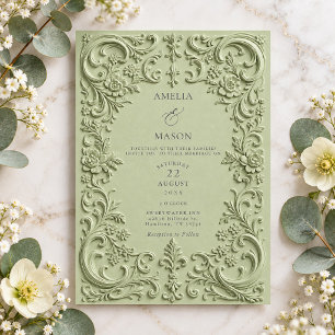 Elegant Sage Green Faux Embossed Baroque Wedding Invitation