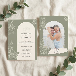 Elegant Sage Green Floral Arch Photo Back Wedding Invitation