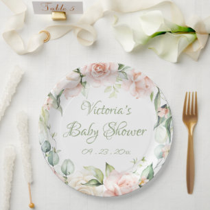 Elegant Sage Green Floral Baby Shower Paper Plate