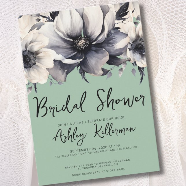 Elegant Sage Green Floral Bridal Shower Invitation (Watercolor Elegant Floral Sage Green Bridal Shower Invitation)