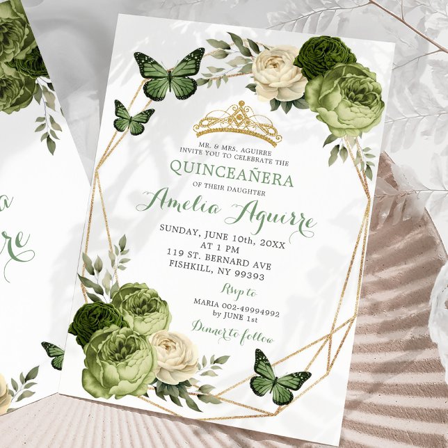 Elegant Sage Green Floral Butterfly Quinceañera Invitation (Creator Uploaded)