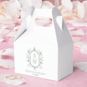 Elegant sage green floral crest monogram wedding favour box