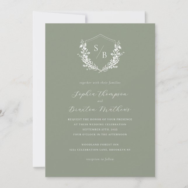 Elegant Sage Green Floral Crest Monogram Wedding Invitation (Front)