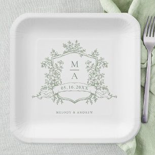 Elegant Sage Green Floral Crest Monogram Wedding Paper Plate