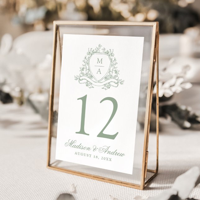Elegant Sage Green Floral Crest Monogram Wedding Table Number (Creator Uploaded)