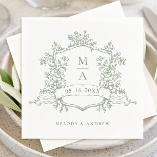 Elegant Sage Green Floral Crest Monograms Wedding Napkin