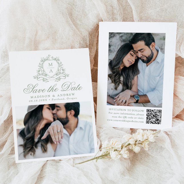Elegant Sage Green Floral Crest Photo Wedding Save The Date (Creator Uploaded)