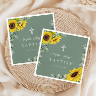 Elegant Sage Green Floral Cross Baptism Napkin