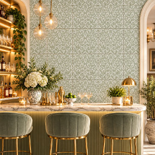 Elegant Sage Green Floral Damask Ceramic Tile