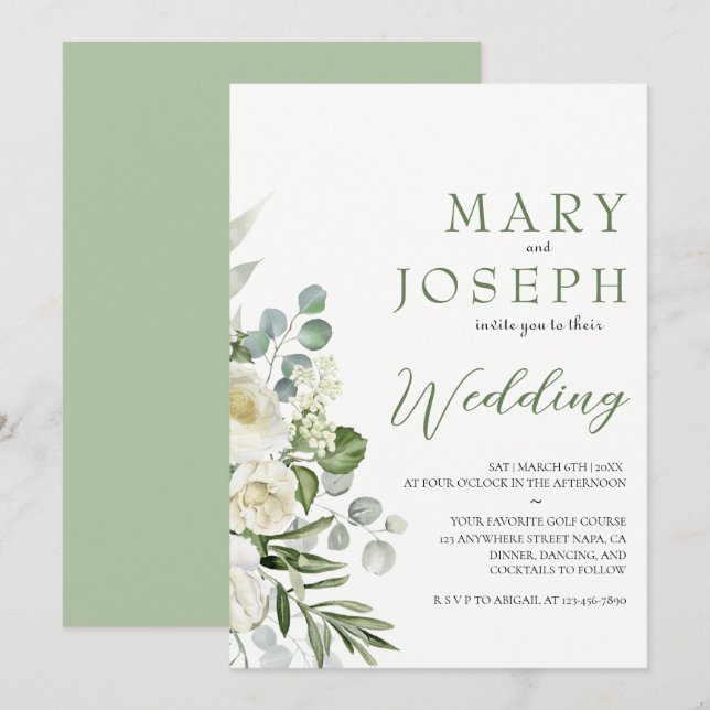 Elegant Sage Green Floral Garden Outdoor Wedding  Invitation (Front/Back)