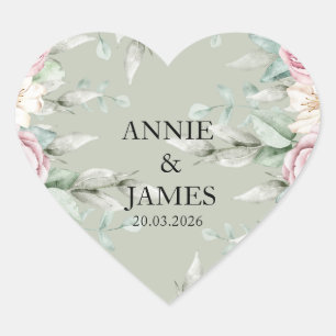 Elegant Sage Green Floral Heart wedding sticker