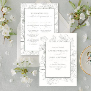 Elegant Sage Green Floral Line Art Details Wedding Invitation