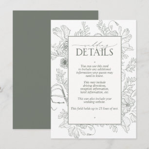 Elegant Sage Green Floral Line Art Wedding Details Enclosure Card