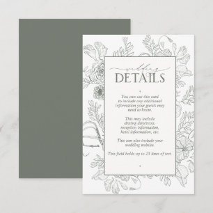 Elegant Sage Green Floral Line Art Wedding Details Enclosure Card