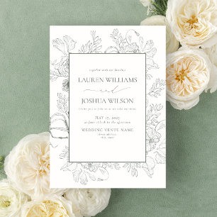 Elegant Sage Green Floral Line Art Wedding Invitation