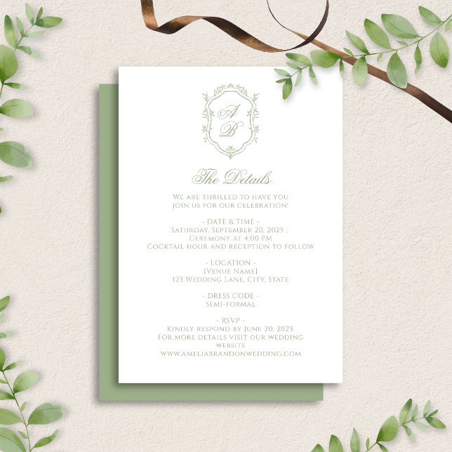 Elegant Sage Green Floral Monogram Crest Wedding Enclosure Card (Creator Uploaded)