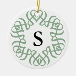 Elegant Sage Green Floral Monogram Family Ceramic Ornament