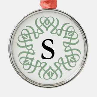 Elegant Sage Green Floral Monogram Family Metal Ornament