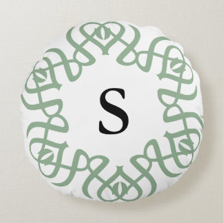 Elegant Sage Green Floral Monogram Family Round Cushion