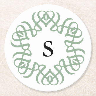 Elegant Sage Green Floral Monogram Family Round Paper Coaster