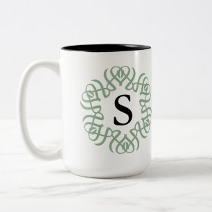 Elegant Sage Green Floral Monogram Family Two-Tone Coffee Mug
