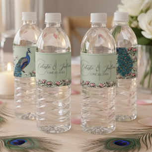 Elegant Sage Green Floral Peacock Wedding Water Bottle Label