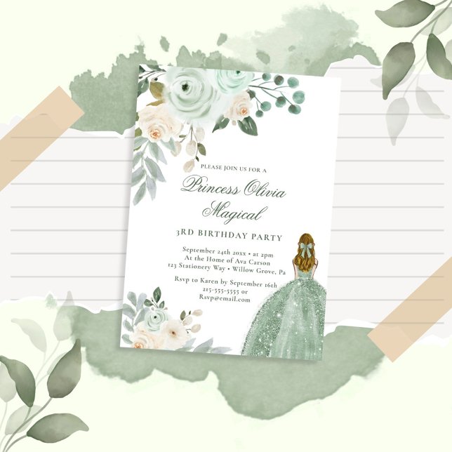 Elegant Sage Green Floral Princess Birthday Invitation (Creator Uploaded)