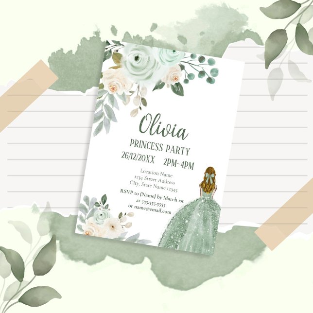 Elegant Sage Green Floral Princess Party Invitation (Creator Uploaded)