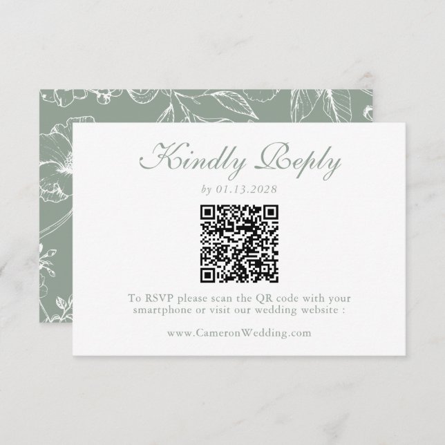 Elegant Sage Green Floral QR Code Wedding RSVP  (Front/Back)