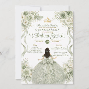 Elegant Sage Green Floral Quinceañera Bow Gown Invitation