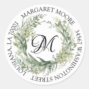 Elegant Sage Green Floral Script Monogram Address Classic Round Sticker