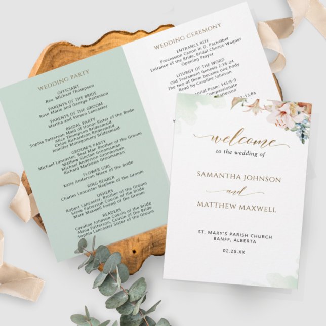 Elegant Sage Green Floral Wedding Ceremony Program (Creator Uploaded)